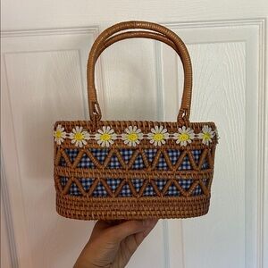 Brown Woven Handbag with Floral Accents